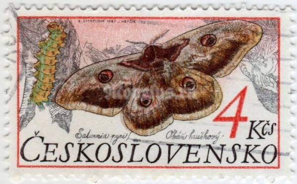 марка Чехословакия 4 кроны "Large Emperor Moth (Saturnia pyri)" 1987 год гашение