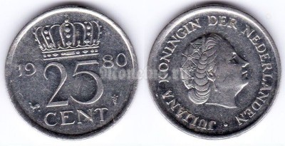 монета Нидерланды 25 центов 1980 год