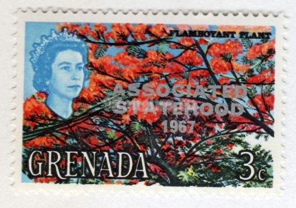 марка Гренада 3 цента "Flamboyant plant (overprinted)" 1967 год