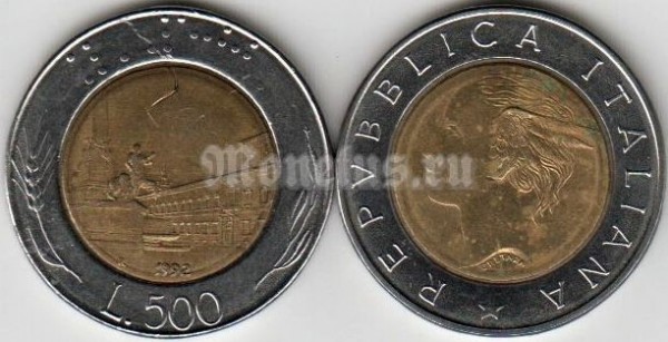 монета Италия  500 лир 1992 год