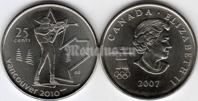 Канада 25 центов 2007 год XXI Зимние Олимпийские Игры 2010 года в Ванкувере биатлон
