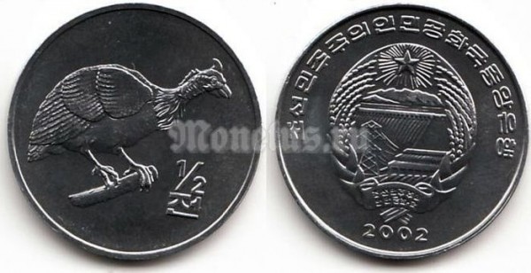 монета Северная Корея 1/2 чон 2002 год Цесарка