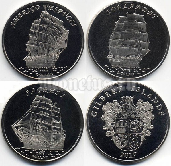Острова Гилберта (Кирибати) набор из 3-х монет 1 доллар 2017 год Парусники Amerigo Vespucci, Sorlander, Sagresi 