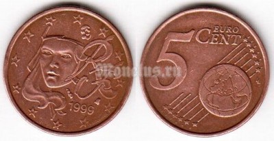 монета Франция 5 евро центов 1999 год Марианна- символ Французской республики