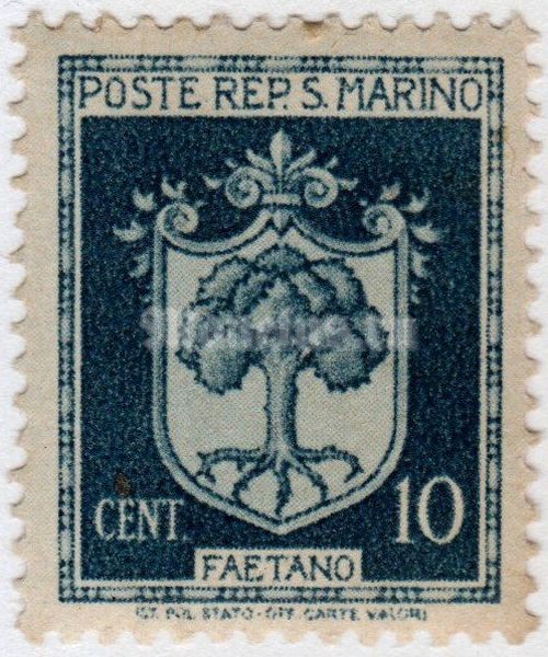 марка Сан-Марино 10 сентисимо "Coats of Arms - definitive 1945" 1945 год