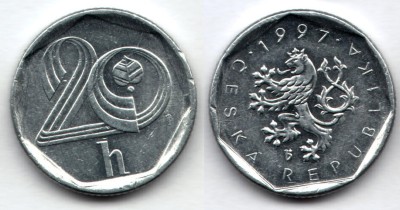 монета Чехия 20 геллеров 1997 год