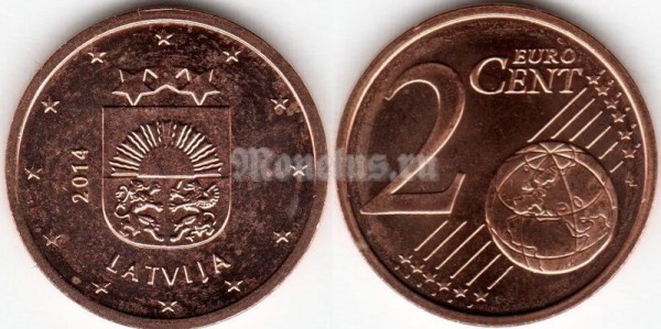 монета Латвия 2 евро цента 2014 год