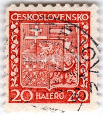 марка Чехословакия 20 геллер "Coat of Arms" 1929 год Гашение