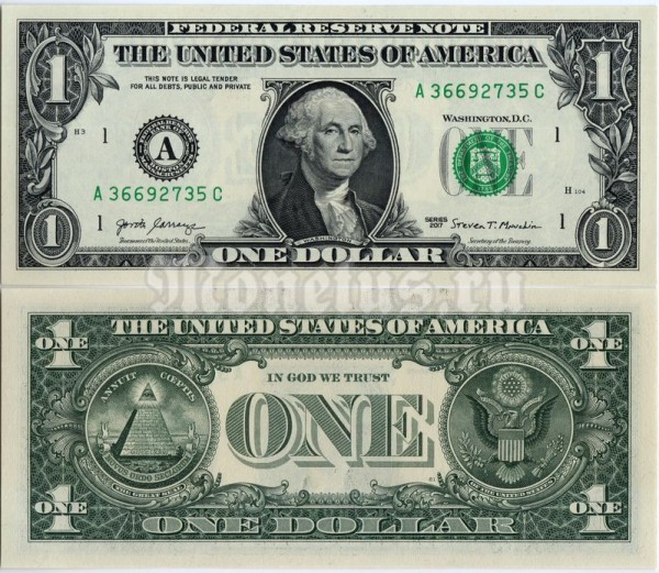 банкнота США 1 доллар 2017 год A (Бостон)