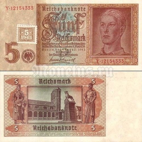банкнота ГДР 5 марок 1948 год на 5 рейхсмарках 1942 год