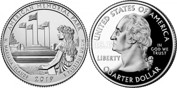 монета США 25 центов 2019 год Американский мемориальный парк, Северные Марианские острова, 47-й парк