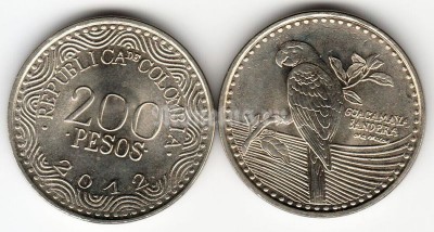 монета Колумбия 200 песо 2012 - 2017 год Попугай