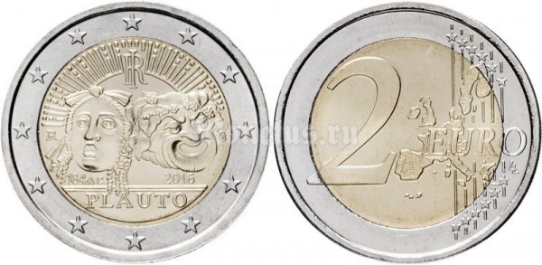 монета Италия 2 евро 2016 год 2200-ая годовщина смерти комедиографа Тит Макций Плавт