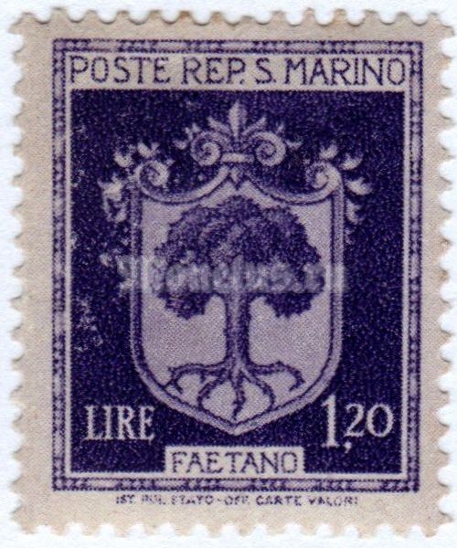 марка Сан-Марино 1,20 лир "Coats of Arms - definitive 1945" 1945 год