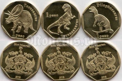Остров Святого Мартина набор из 3-х монет 1 песо 2018 год - Динозавры