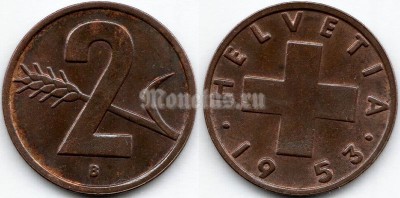 монета Швейцария 2 раппена 1953 год