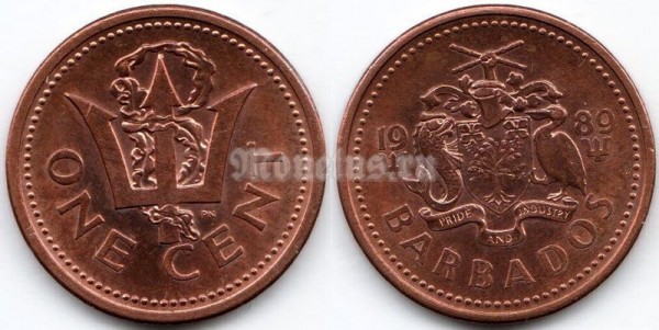 монета Барбадос 1 цент 1989 год
