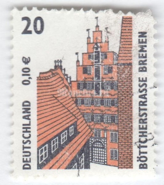 марка ФРГ 20 пфенниг "Böttcherstreet, Bremen" 2001 год Гашение