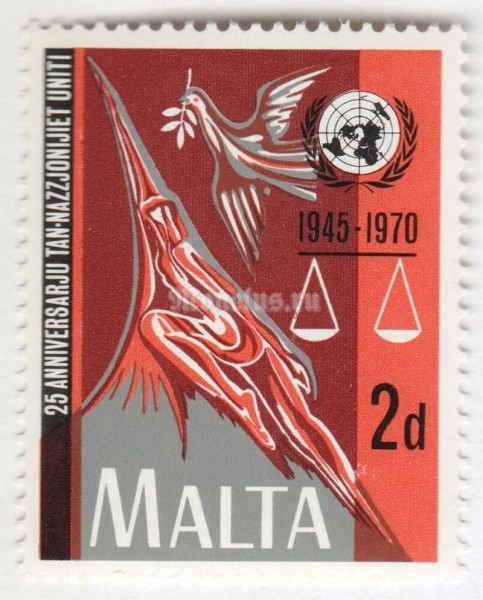 марка Мальта 2 пенни "Peace and Justice" 1970 год