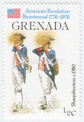 марка Гренада 1/2 цента Американская Революция 1976 год