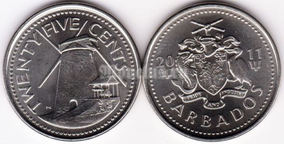 монета Барбадос 25 центов 2011 год Мельница