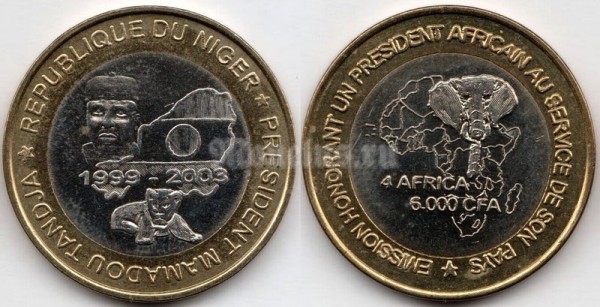 Монета Нигер 4 африка/6000 франков 2003 год - Президент Мамаду Танджа