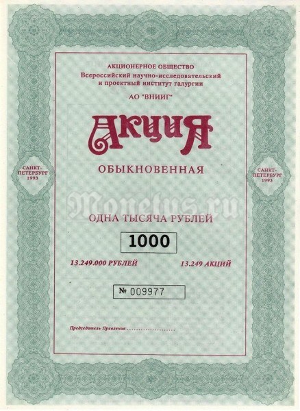 Россия Акция обыкновенная на 1000 рублей 1993 год АО ВНИИГ