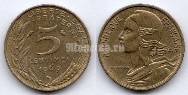 монета Франция 5 сантимов 1969 год