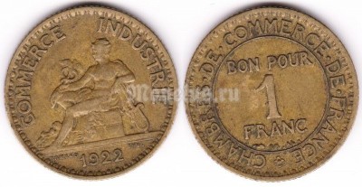 монета Франция 1 франк 1922 год