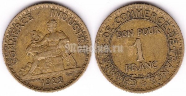 монета Франция 1 франк 1922 год