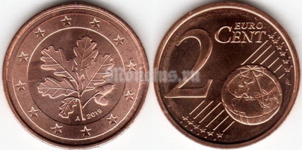 монета Германия 2 евроцента 2019 год