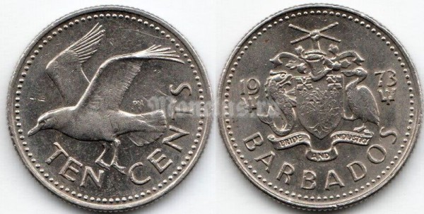 монета Барбадос 10 центов 1973 год