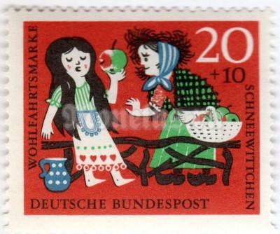 марка ФРГ 20+10 пфенниг "Scene from the fairy tale "Snow white and the seven dwarfs"" 1962 год