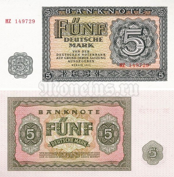 банкнота ГДР 5 марок 1955 год