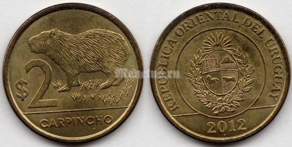 монета Уругвай 2 песо 2012 год Капибара