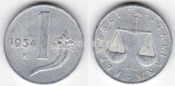 монета Италия 1 лира 1954 год