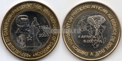 Монета Камерун 4 африка/6000 франков 2003 год - Поль Бийя