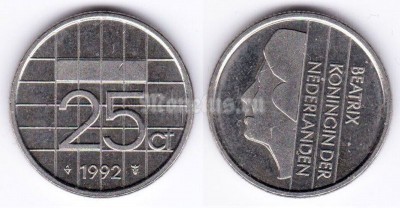 монета Нидерланды 25 центов 1992 год