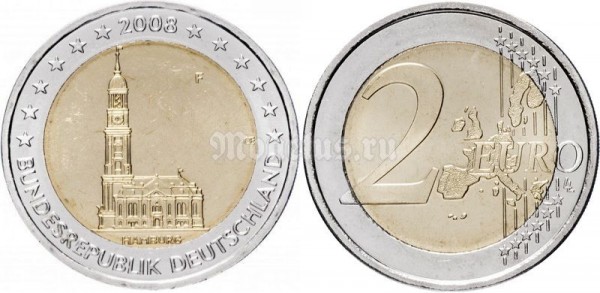 монета ФРГ 2 евро 2008 год Серия Федеральные земли Германии - Гамбург