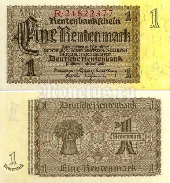 банкнота Германия 1 рентмарка 1937 год