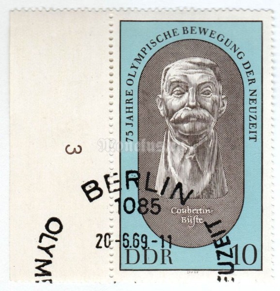 марка ГДР 10 пфенниг "Coubertin Bust" 1969 год Гашение