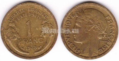монета Франция 1 франк 1938 год