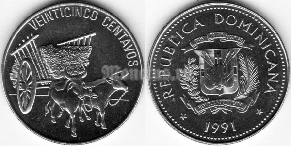 монета Доминикана 25 сентаво 1991 год