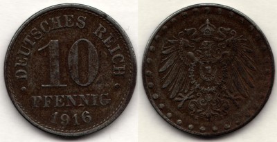 монета Германия 10 пфеннигов 1916 год "E" - Мульденхюттен