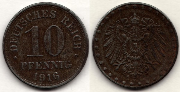 монета Германия 10 пфеннигов 1916 год "E" - Мульденхюттен