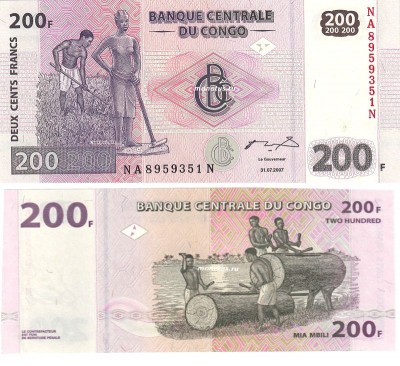 бона Конго 200 франков 2007 год