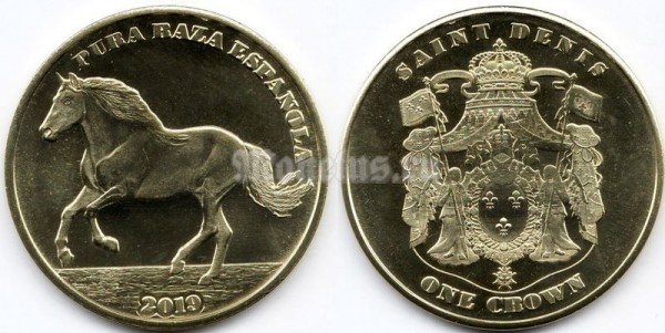 монета Сен-Дени (Реюньон) 1 крона 2019 год - Испанский скакун