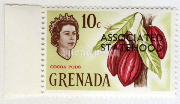 марка Гренада 10 центов "Cocoa pods (overprinted)" 1967 год