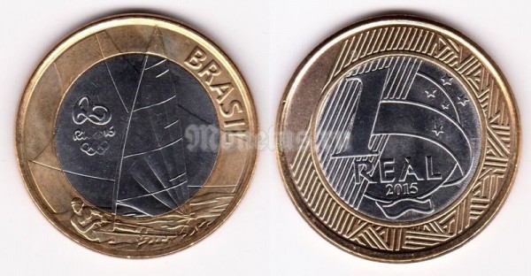 монета Бразилия 1 реал 2015 год Олимпиада в Рио де Жанейро 2016 - парусный спорт