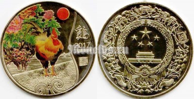 Китай монетовидный жетон 2017 год Петух, желтый металл, цветная